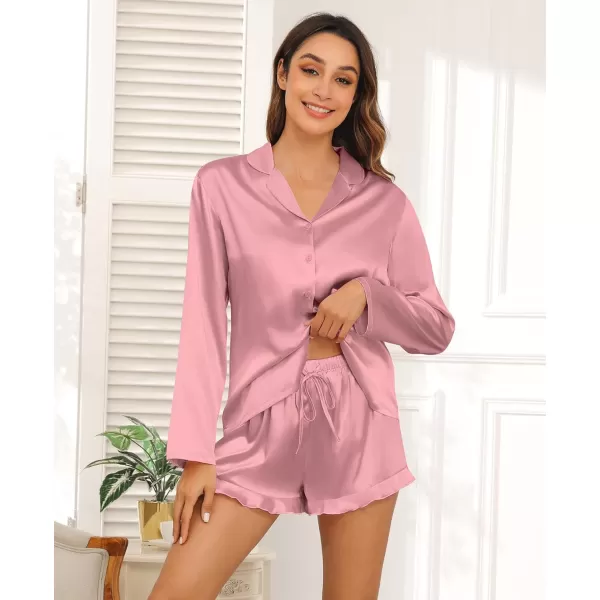 SWOMOG Womens Silk Satin Pajama Sets Long Sleeve Tops and Shorts Ruffle PJs Button Down Sleepwear Bride 2 Piece Lounge SetMisty Rose
