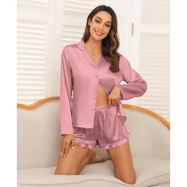 SWOMOG Womens Silk Satin Pajama Sets Long Sleeve Tops and Shorts Ruffle PJs Button Down Sleepwear Bride 2 Piece Lounge SetMisty Rose