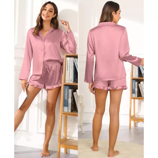SWOMOG Womens Silk Satin Pajama Sets Long Sleeve Tops and Shorts Ruffle PJs Button Down Sleepwear Bride 2 Piece Lounge SetMisty Rose