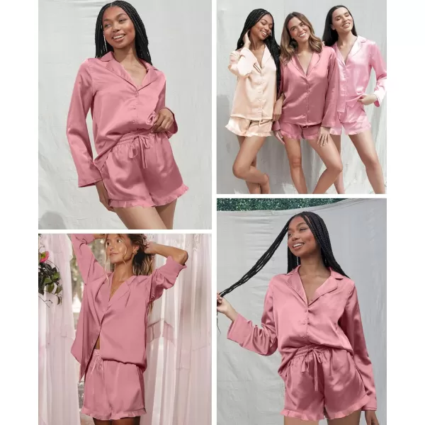 SWOMOG Womens Silk Satin Pajama Sets Long Sleeve Tops and Shorts Ruffle PJs Button Down Sleepwear Bride 2 Piece Lounge SetMisty Rose