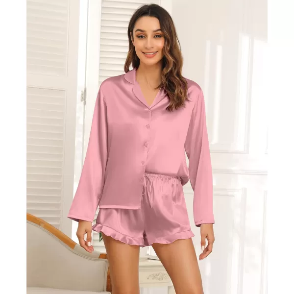 SWOMOG Womens Silk Satin Pajama Sets Long Sleeve Tops and Shorts Ruffle PJs Button Down Sleepwear Bride 2 Piece Lounge SetMisty Rose
