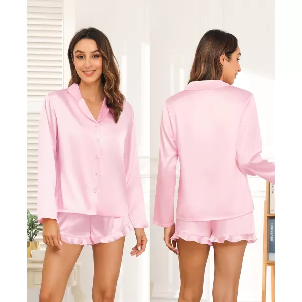 SWOMOG Womens Silk Satin Pajama Sets Long Sleeve Tops and Shorts Ruffle PJs Button Down Sleepwear Bride 2 Piece Lounge SetPink