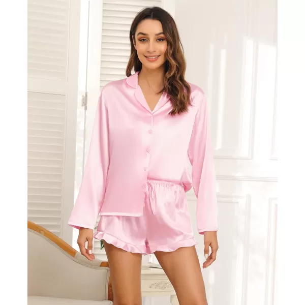 SWOMOG Womens Silk Satin Pajama Sets Long Sleeve Tops and Shorts Ruffle PJs Button Down Sleepwear Bride 2 Piece Lounge SetPink