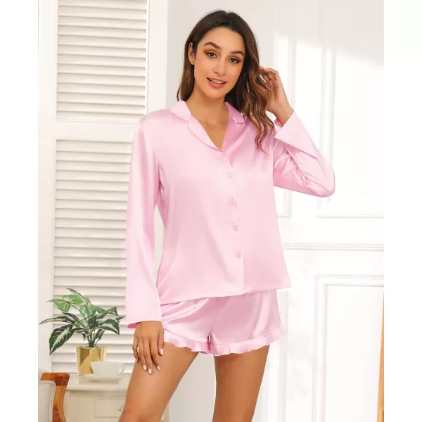 SWOMOG Womens Silk Satin Pajama Sets Long Sleeve Tops and Shorts Ruffle PJs Button Down Sleepwear Bride 2 Piece Lounge SetPink