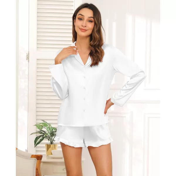 SWOMOG Womens Silk Satin Pajama Sets Long Sleeve Tops and Shorts Ruffle PJs Button Down Sleepwear Bride 2 Piece Lounge SetWhite