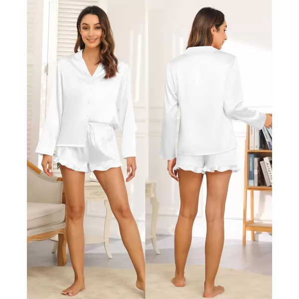 SWOMOG Womens Silk Satin Pajama Sets Long Sleeve Tops and Shorts Ruffle PJs Button Down Sleepwear Bride 2 Piece Lounge SetWhite