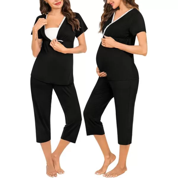 SWOMOG Maternity Nursing Pajamas Set 2 PCS Breastfeeding Sleepwear Short Sleeve Top and Pants Set Pregnancy Pajamas WomenBlack