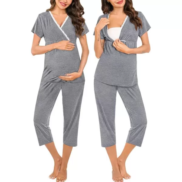 SWOMOG Maternity Nursing Pajamas Set 2 PCS Breastfeeding Sleepwear Short Sleeve Top and Pants Set Pregnancy Pajamas WomenGrey