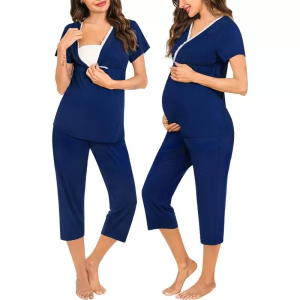 SWOMOG Maternity Nursing Pajamas Set 2 PCS Breastfeeding Sleepwear Short Sleeve Top and Pants Set Pregnancy Pajamas WomenNavy Blue