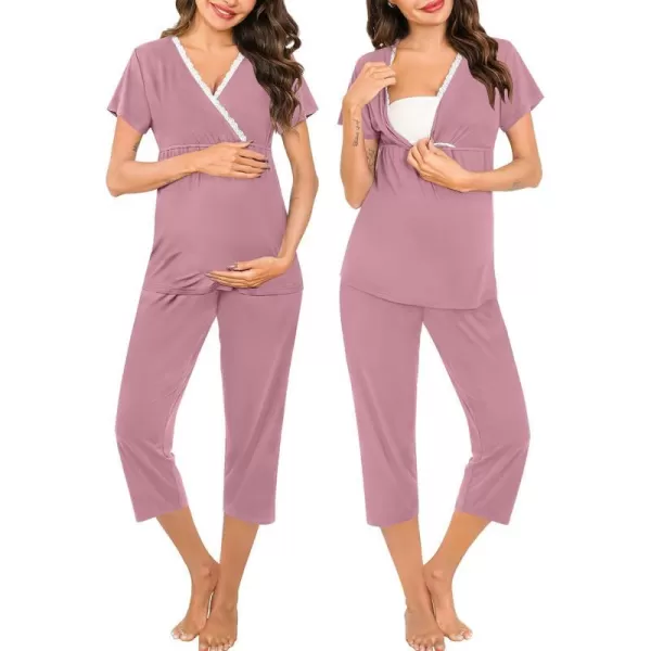 SWOMOG Maternity Nursing Pajamas Set 2 PCS Breastfeeding Sleepwear Short Sleeve Top and Pants Set Pregnancy Pajamas WomenTaro Purple