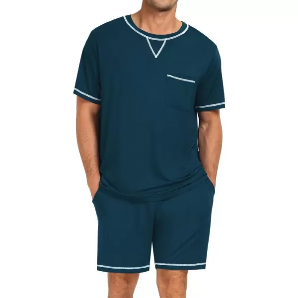 SWOMOG Men Modal Pajamas Set Comfy Sleepwear Short Sleeve Pjs Set Soft 2 Piece Lounge Set Cozy Nightwear with PocketsBlue Green