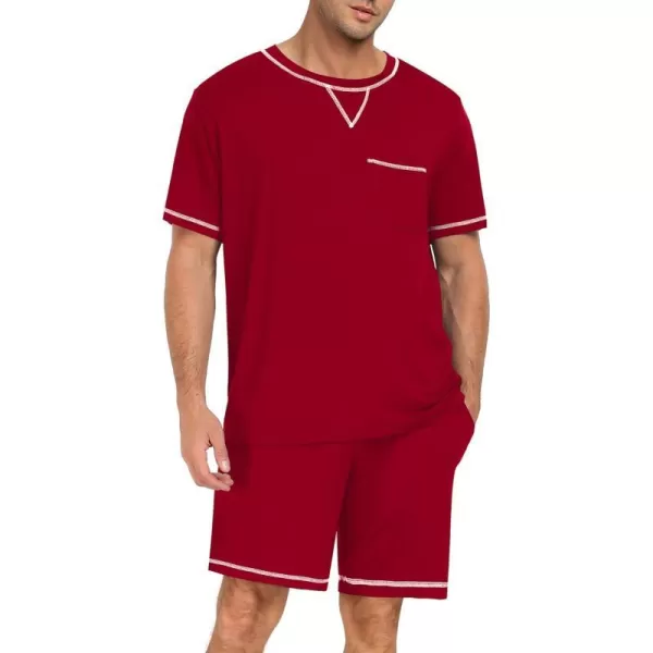 SWOMOG Men Modal Pajamas Set Comfy Sleepwear Short Sleeve Pjs Set Soft 2 Piece Lounge Set Cozy Nightwear with PocketsWine Red