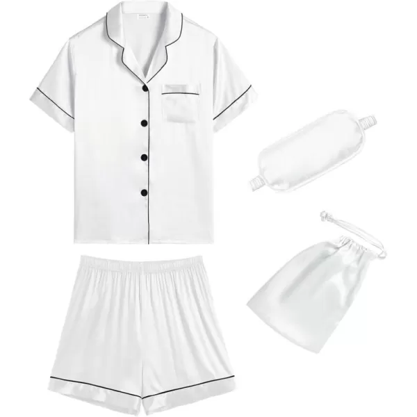 SWOMOG Mens 4pcs Pajamas Set Silk Satin Sleepwear Short Sleeve Button Down PJs Sets Soft Lounge Sets with PocketWhite