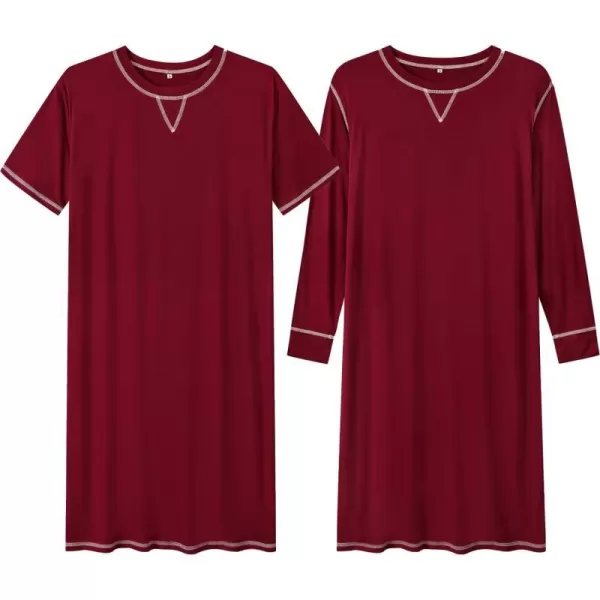 SWOMOG Mens Nightshirts Big  Tall Henley Sleep Shirt Loose Nightgown Comfy Short and Long Sleeve Loungewear 2 Pack PjsWine Red