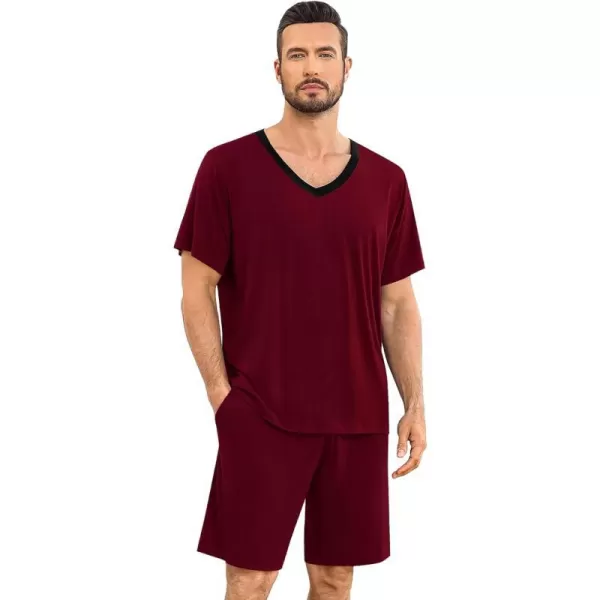 SWOMOG Mens Pajamas Set 2 PCS Short Sleeve Pajamas for Men Pjs Sets V Neck Soft Sleepwear Loungewear Nightwear with PocketsWine Red