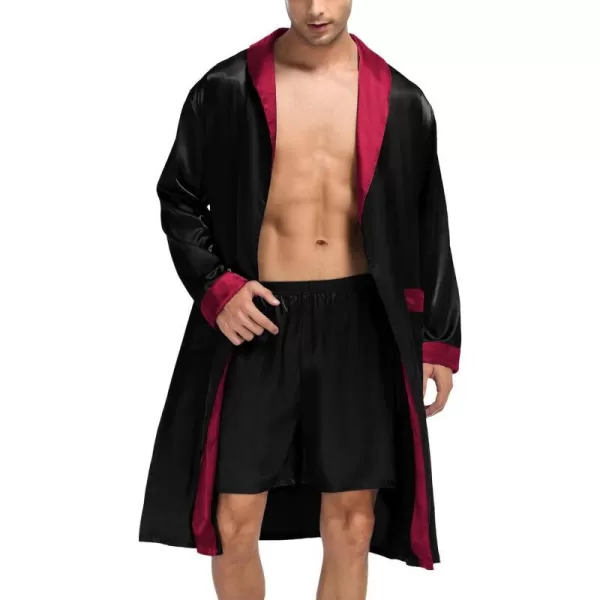 SWOMOG Mens Satin Robe with Shorts Set Silky Kimono Bathrobe Lightweight Soft SleepwearAblack