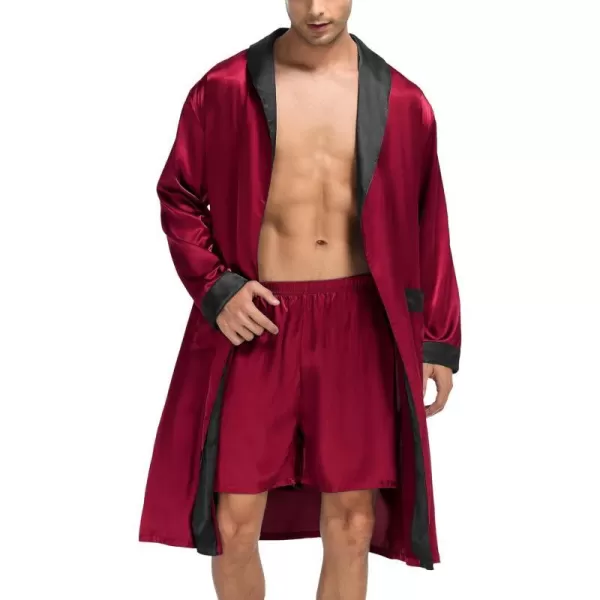 SWOMOG Mens Satin Robe with Shorts Set Silky Kimono Bathrobe Lightweight Soft SleepwearAdark Wine Red