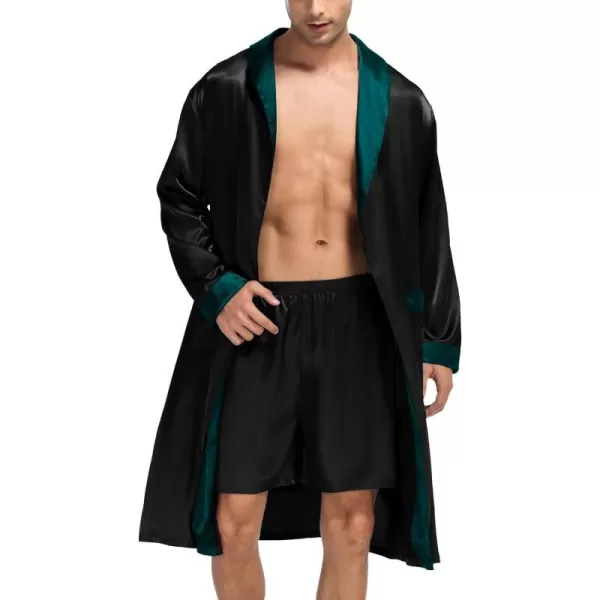 SWOMOG Mens Satin Robe with Shorts Set Silky Kimono Bathrobe Lightweight Soft SleepwearBlack1