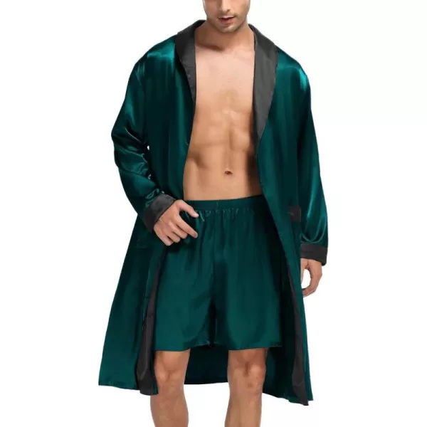 SWOMOG Mens Satin Robe with Shorts Set Silky Kimono Bathrobe Lightweight Soft SleepwearDark Green