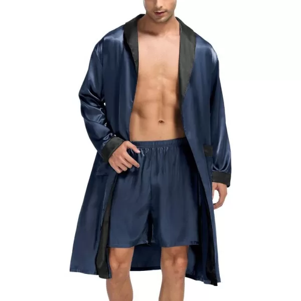 SWOMOG Mens Satin Robe with Shorts Set Silky Kimono Bathrobe Lightweight Soft SleepwearDark Grey