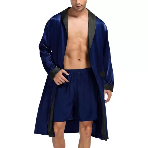 SWOMOG Mens Satin Robe with Shorts Set Silky Kimono Bathrobe Lightweight Soft SleepwearDark Navy Blue