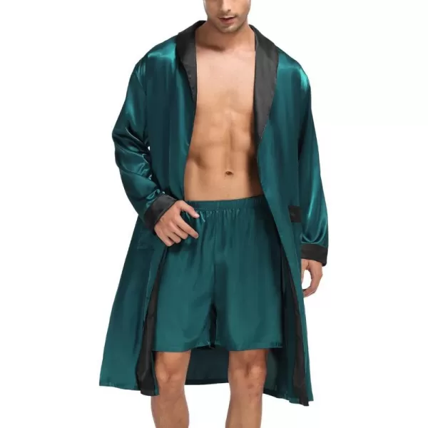 SWOMOG Mens Satin Robe with Shorts Set Silky Kimono Bathrobe Lightweight Soft SleepwearGreen