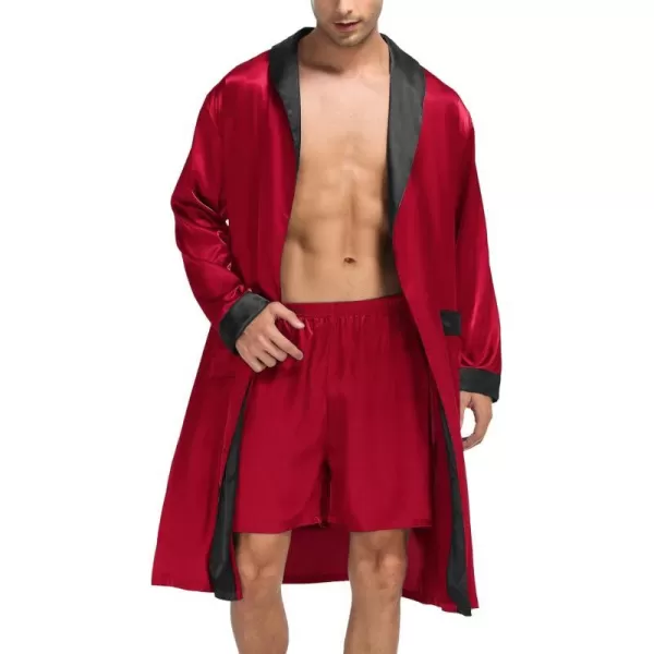 SWOMOG Mens Satin Robe with Shorts Set Silky Kimono Bathrobe Lightweight Soft SleepwearRed