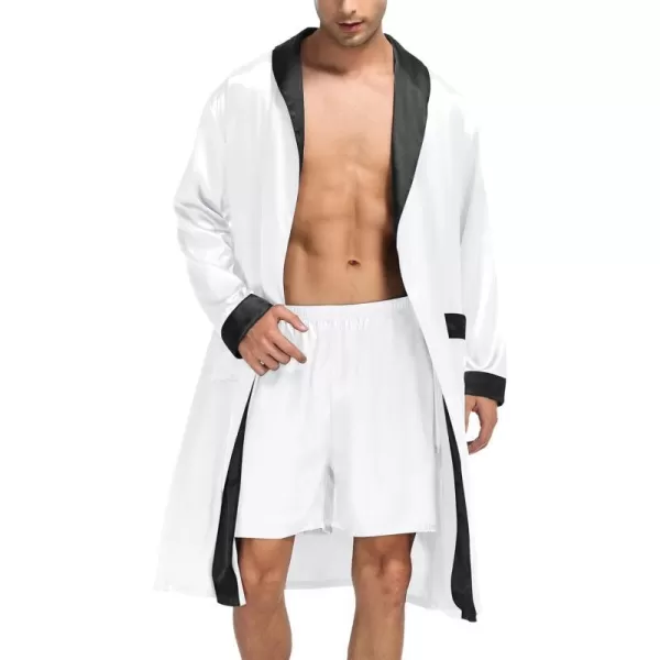 SWOMOG Mens Satin Robe with Shorts Set Silky Kimono Bathrobe Lightweight Soft SleepwearWhite