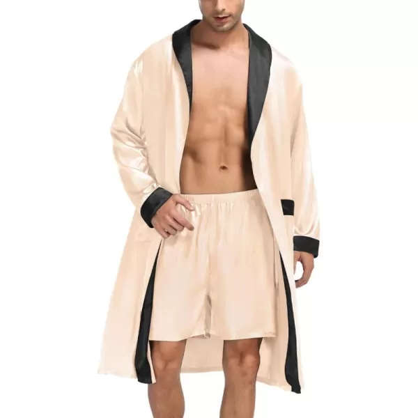 SWOMOG Mens Satin Robe with Shorts Set Silky Kimono Bathrobe Lightweight Soft SleepwearZchampagne