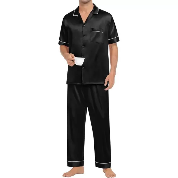 SWOMOG Mens Silk Satin Pajamas Sets Short Sleeve Pj Sets Classic Button Down Loungewear with Long PantsBlack