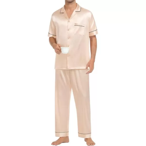 SWOMOG Mens Silk Satin Pajamas Sets Short Sleeve Pj Sets Classic Button Down Loungewear with Long PantsChampagne