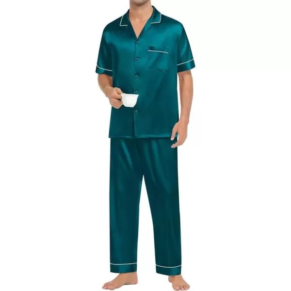 SWOMOG Mens Silk Satin Pajamas Sets Short Sleeve Pj Sets Classic Button Down Loungewear with Long PantsDeep Green