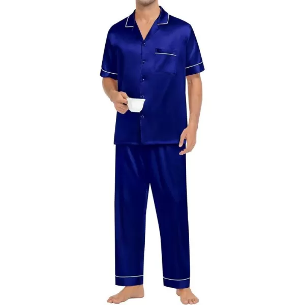 SWOMOG Mens Silk Satin Pajamas Sets Short Sleeve Pj Sets Classic Button Down Loungewear with Long PantsNavy Blue