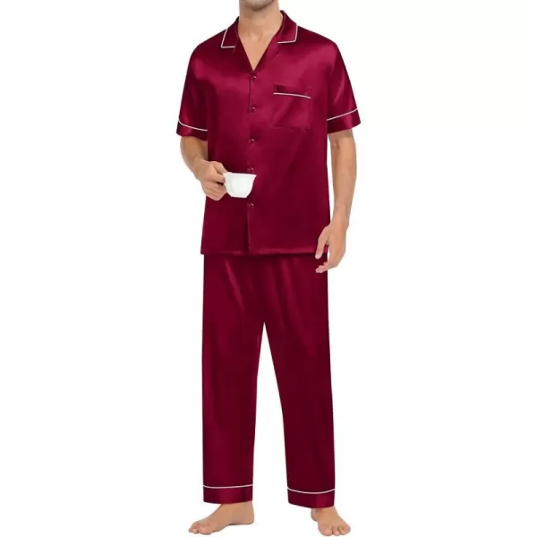 SWOMOG Mens Silk Satin Pajamas Sets Short Sleeve Pj Sets Classic Button Down Loungewear with Long PantsWine Red