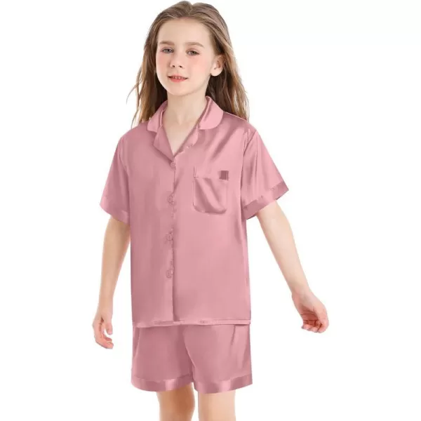 SWOMOG Satin Kid Pajamas for Girls Silk Pjs Set Boys Sleepwear Buttonup Lounge Sets Short Sleeve Nightwear with PocketsMisty