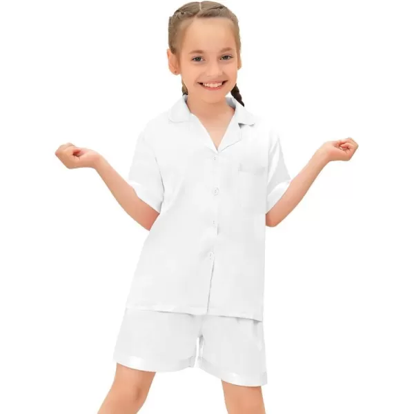 SWOMOG Satin Kid Pajamas for Girls Silk Pjs Set Boys Sleepwear Buttonup Lounge Sets Short Sleeve Nightwear with PocketsWhite