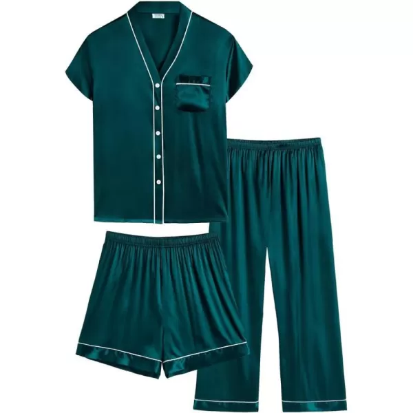 SWOMOG Womens 3pcs Silk Satin Pajamas Set Short Sleeve Button Down Sleepwear Soft Loungewear Pjs NightwearDark Green