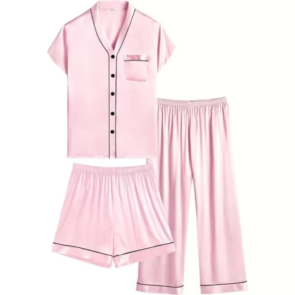 SWOMOG Womens 3pcs Silk Satin Pajamas Set Short Sleeve Button Down Sleepwear Soft Loungewear Pjs NightwearPink