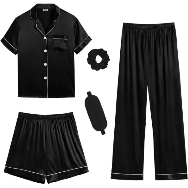 SWOMOG Womens 5 Pcs Silk Satin Pajamas Sets Short Sleeve Sleepwear Button Down Pjs Loungewear with Shorts  Long PantsBlack