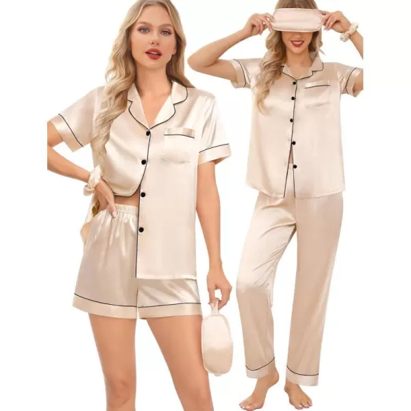 SWOMOG Womens 5 Pcs Silk Satin Pajamas Sets Short Sleeve Sleepwear Button Down Pjs Loungewear with Shorts  Long PantsChampagne