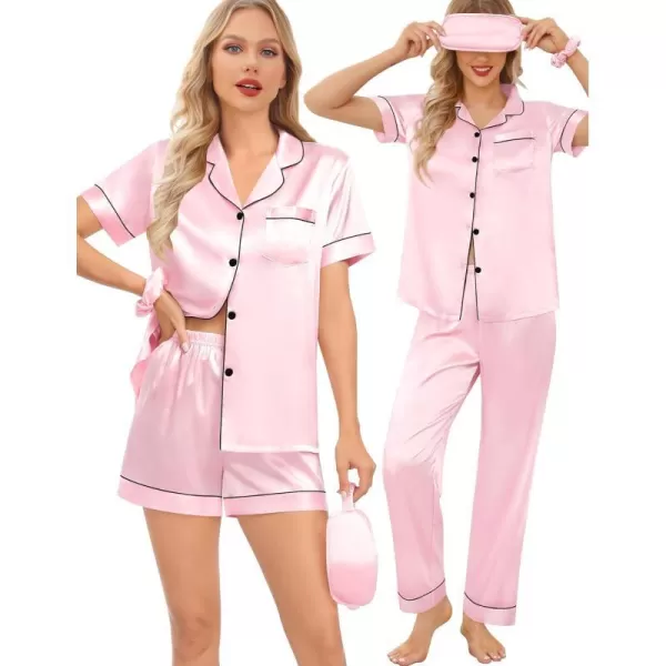 SWOMOG Womens 5 Pcs Silk Satin Pajamas Sets Short Sleeve Sleepwear Button Down Pjs Loungewear with Shorts  Long PantsPink