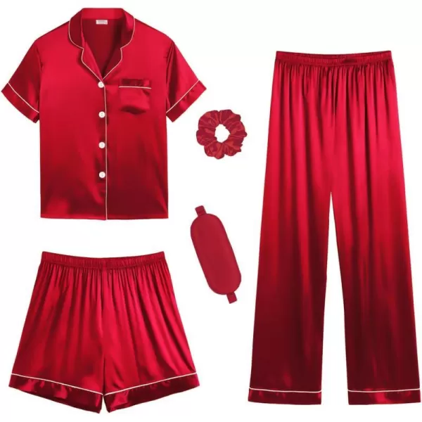 SWOMOG Womens 5 Pcs Silk Satin Pajamas Sets Short Sleeve Sleepwear Button Down Pjs Loungewear with Shorts  Long PantsRed