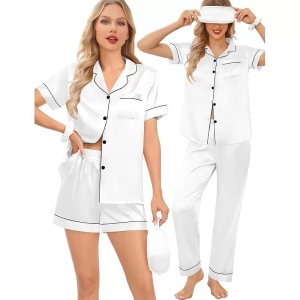 SWOMOG Womens 5 Pcs Silk Satin Pajamas Sets Short Sleeve Sleepwear Button Down Pjs Loungewear with Shorts  Long PantsWhite