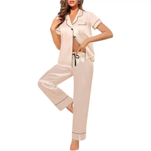 SWOMOG Womens Satin Pajama Set Short Sleeve Button Down Top and Long Pants 2 Pcs Loungewear Pj Set with PocketsChampagne