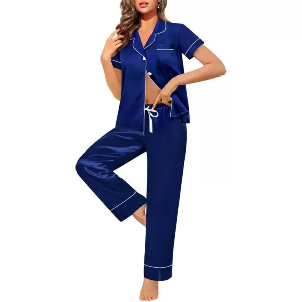 SWOMOG Womens Satin Pajama Set Short Sleeve Button Down Top and Long Pants 2 Pcs Loungewear Pj Set with PocketsNavy Blue