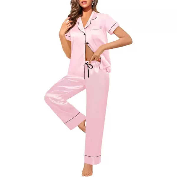 SWOMOG Womens Satin Pajama Set Short Sleeve Button Down Top and Long Pants 2 Pcs Loungewear Pj Set with PocketsPink