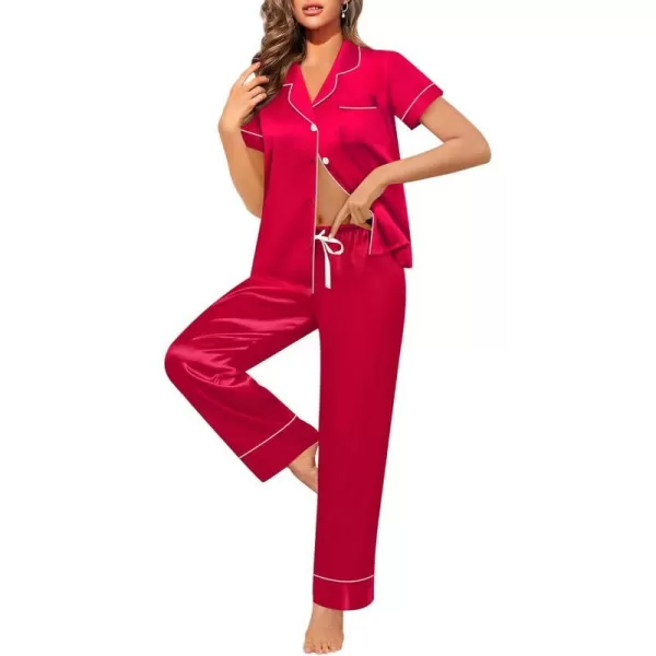 SWOMOG Womens Satin Pajama Set Short Sleeve Button Down Top and Long Pants 2 Pcs Loungewear Pj Set with PocketsRed