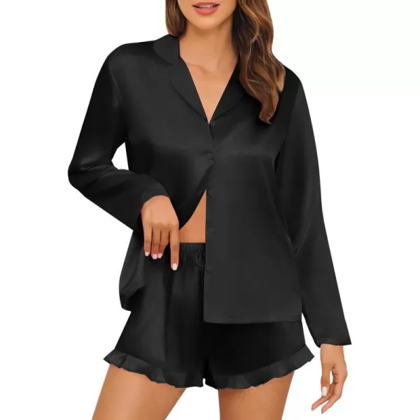 SWOMOG Womens Silk Satin Pajama Sets Long Sleeve Tops and Shorts Ruffle PJs Button Down Sleepwear Bride 2 Piece Lounge SetBlack