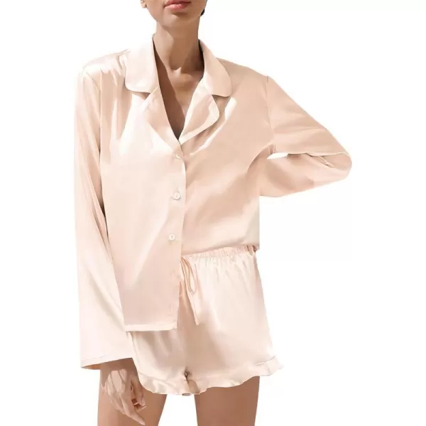 SWOMOG Womens Silk Satin Pajama Sets Long Sleeve Tops and Shorts Ruffle PJs Button Down Sleepwear Bride 2 Piece Lounge SetChampagne