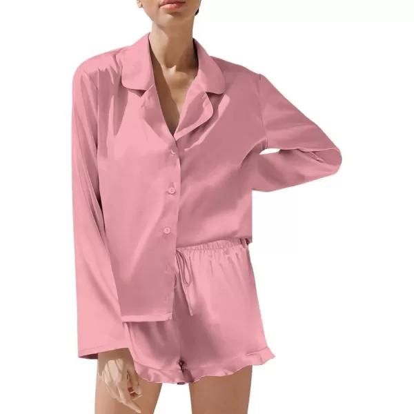 SWOMOG Womens Silk Satin Pajama Sets Long Sleeve Tops and Shorts Ruffle PJs Button Down Sleepwear Bride 2 Piece Lounge SetMisty Rose